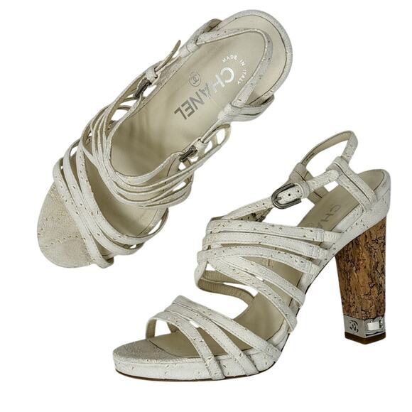 Chanel Suede Block Cork Heel Chain Link CC Detail Strappy Sandals white size 39 - Picture 13 of 13